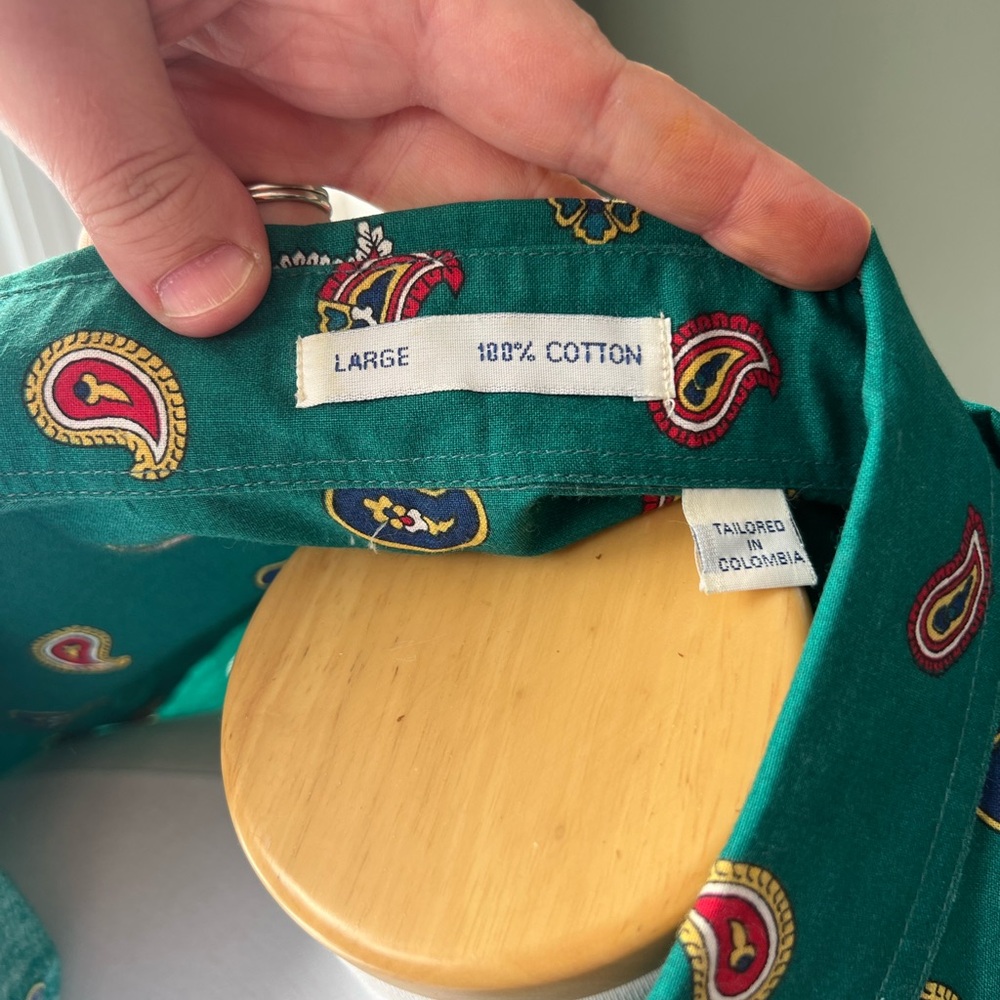 Vintage 90s Green Paisley Button Down - 100% Cotton - Men's Shirt - Size L - Picture 4 of 4